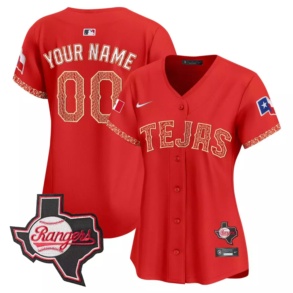 Custom Rangers Jersey Red Tejas Texas Outline Baseball Flag Gold White Black Vapor