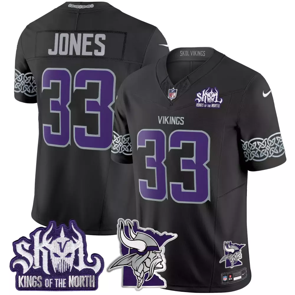 Aaron Jones 33 Vikings Jersey Black Skol Kings Of The North Norseman Men Purple Silver