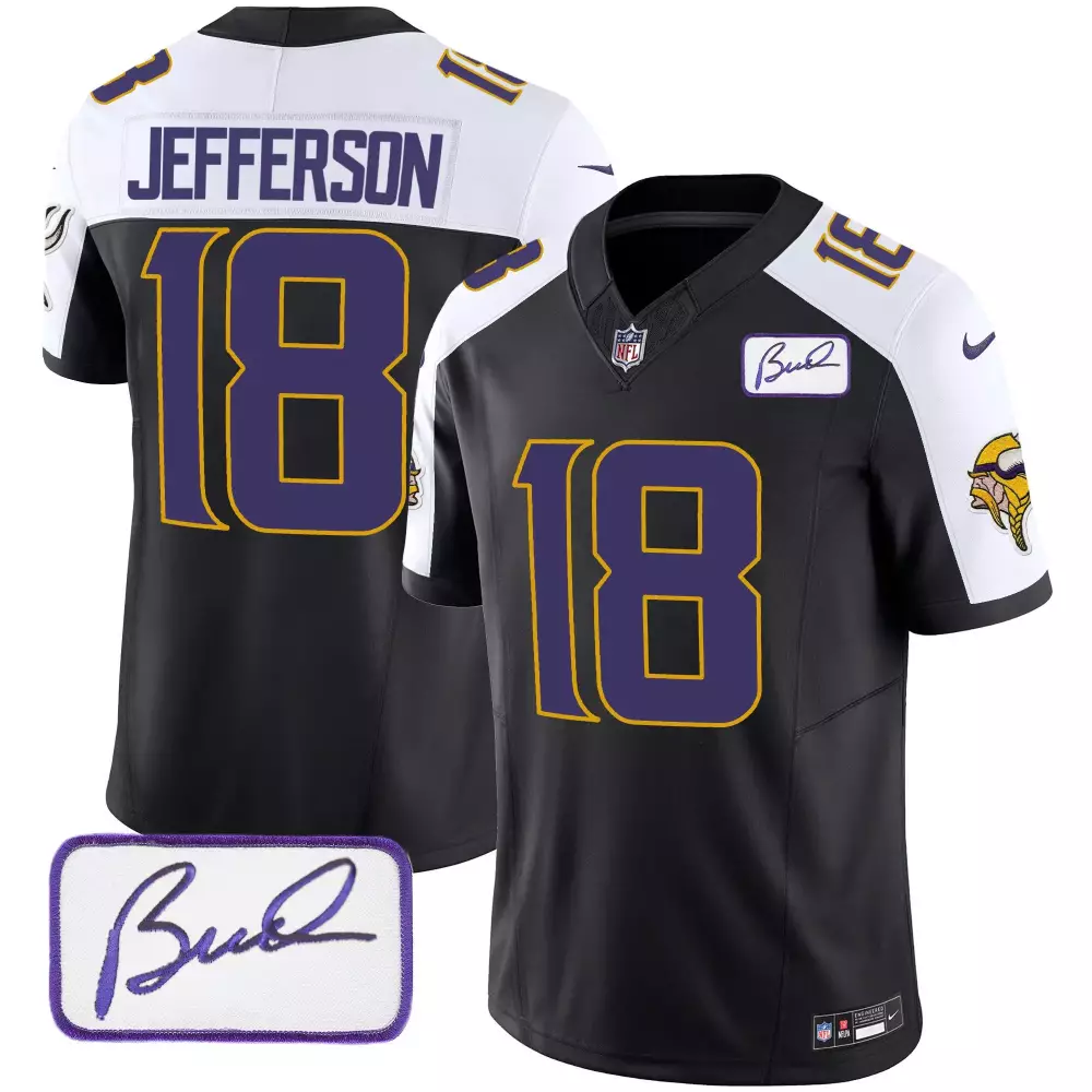 Justin Jefferson 18 Vikings Jersey Black Autograph Men Alternate Purple White Gold