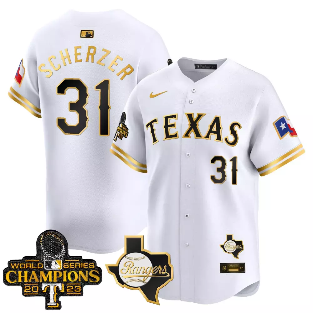 Max Scherzer 31 Texas Rangers Jersey White World Series Champions 2023 Men Gold Black