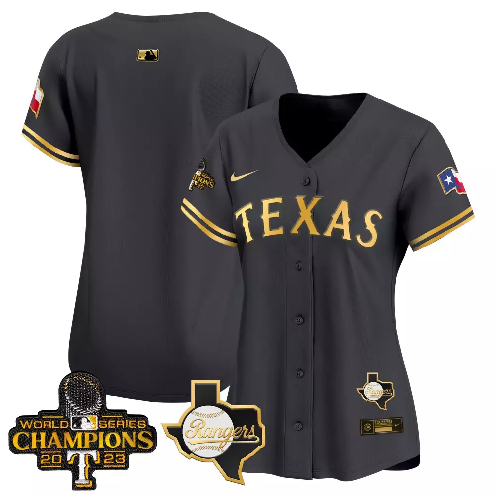 Texas Rangers Jersey Charcoal World Series Champions 2023 Batterman Women Gold Stitched