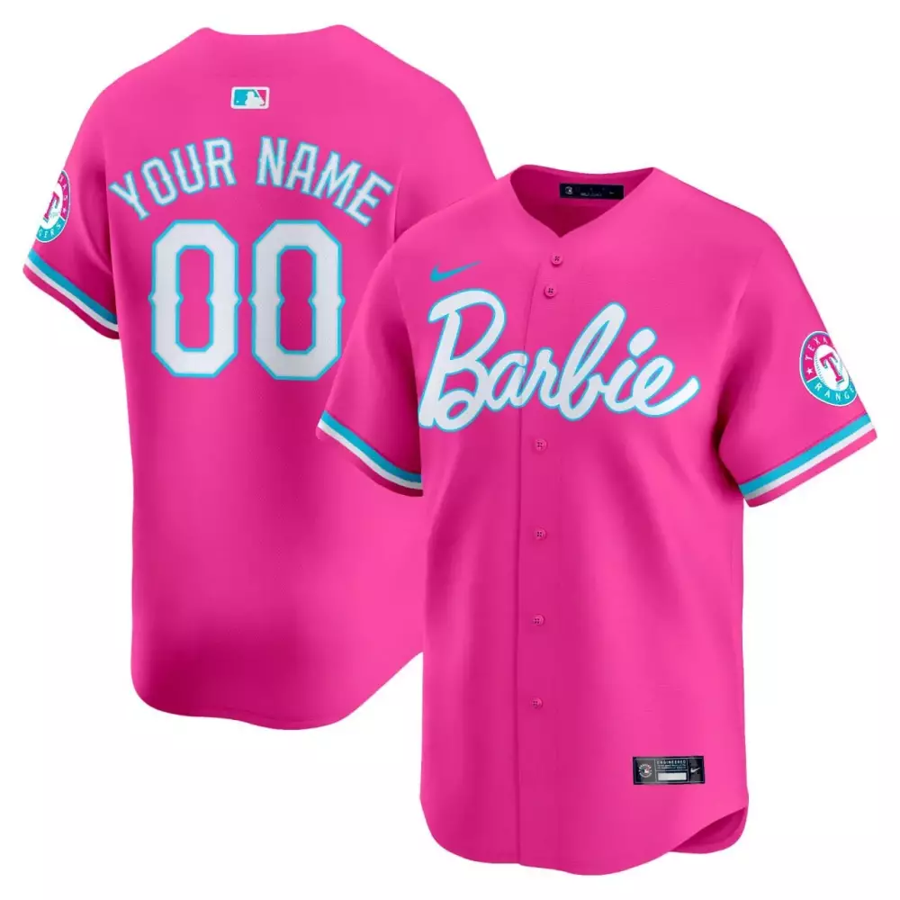 Custom Texas Rangers Jersey Pink Barbie Men White Teal All Stitched Vapor