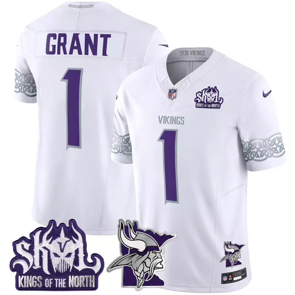 Bud Grant 1 Vikings Jersey White Skol Kings Of The North Minnesota Men Standard Purple