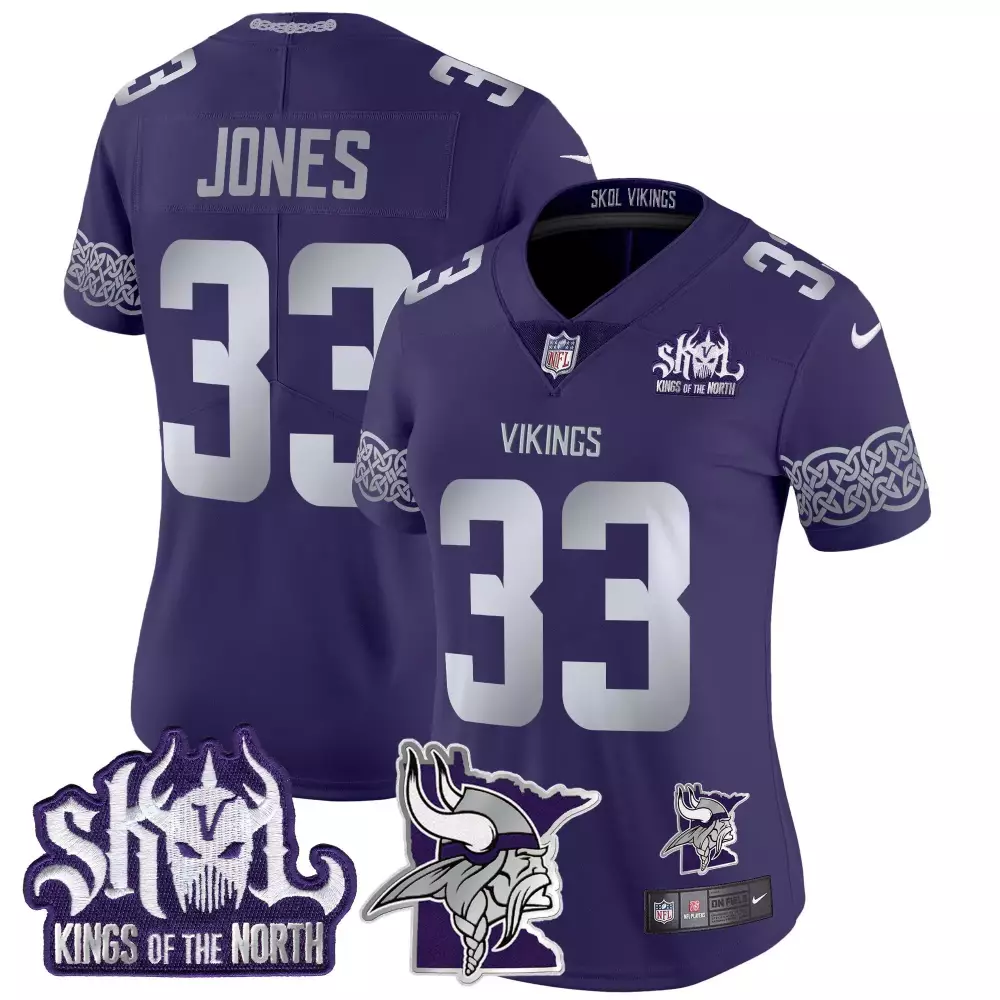 Aaron Jones 33 Vikings Jersey Purple Skol Kings North Helmet Men Standard Silver