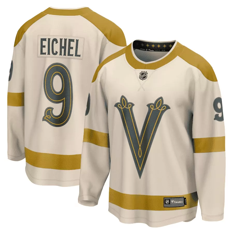 Jack Eichel 9 Jersey Cream Vegas Golden Knights Men Alternate Split Design Gold Dark Gray
