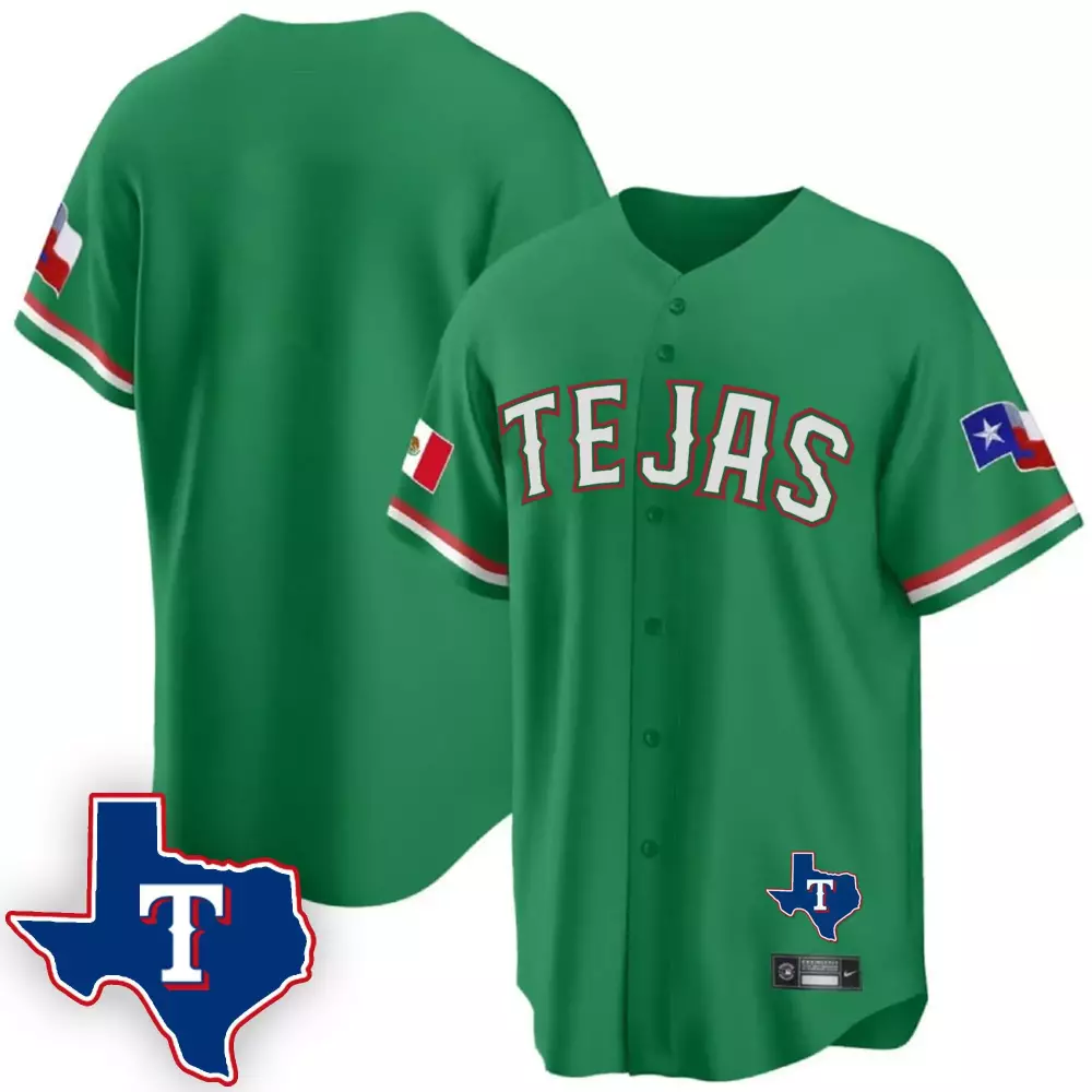Custom Texas Rangers Jersey Green City Connect Mexico Flag Men Split Design White