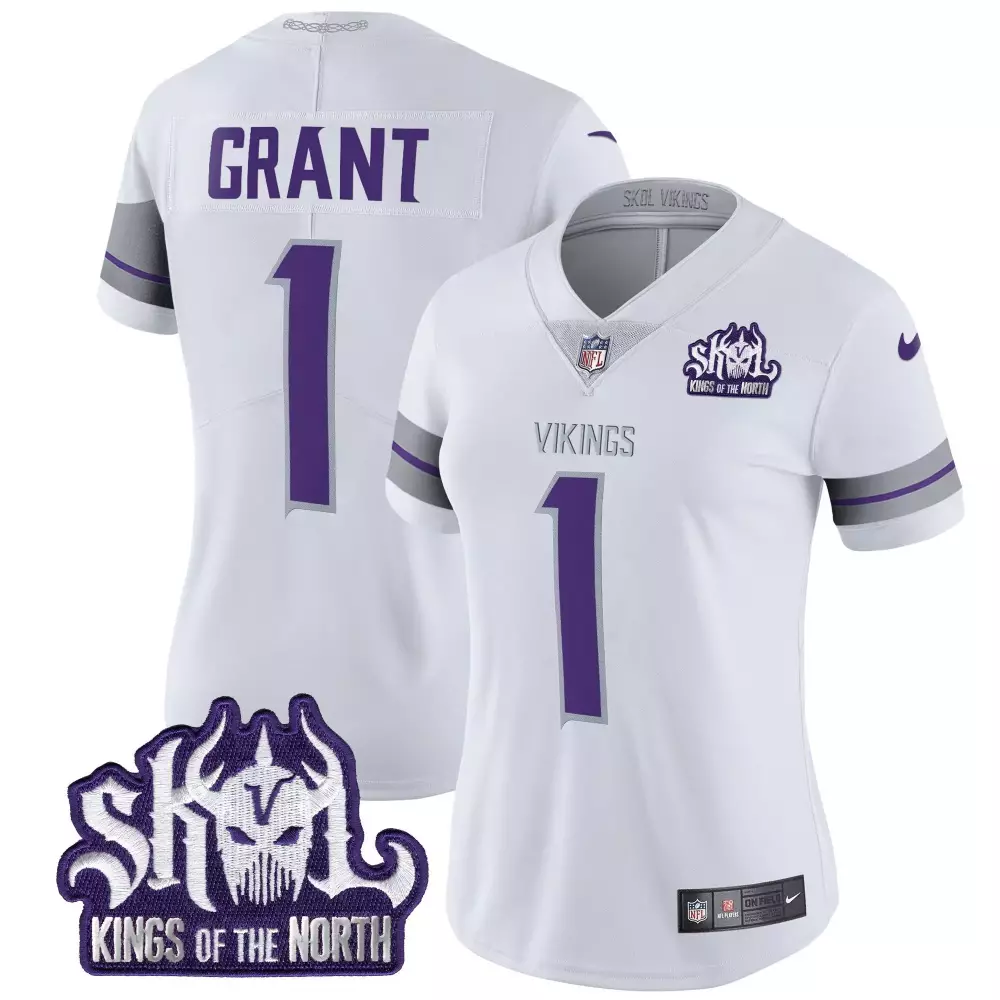 Bud Grant 1 Vikings Jersey White Skol Kings Of The North Women Alternate Purple Gray