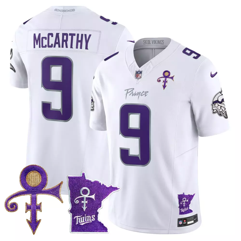 Jj Mccarthy 9 Minnesota Vikings Jersey White Prince Tribute Symbol Outline Twins