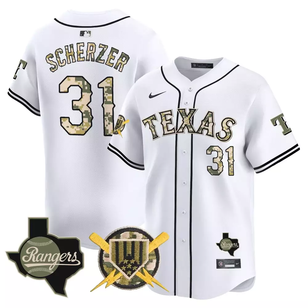 Max Scherzer 31 Texas Rangers Jersey White Military Appreciation Outline Stars Lightning Bolts
