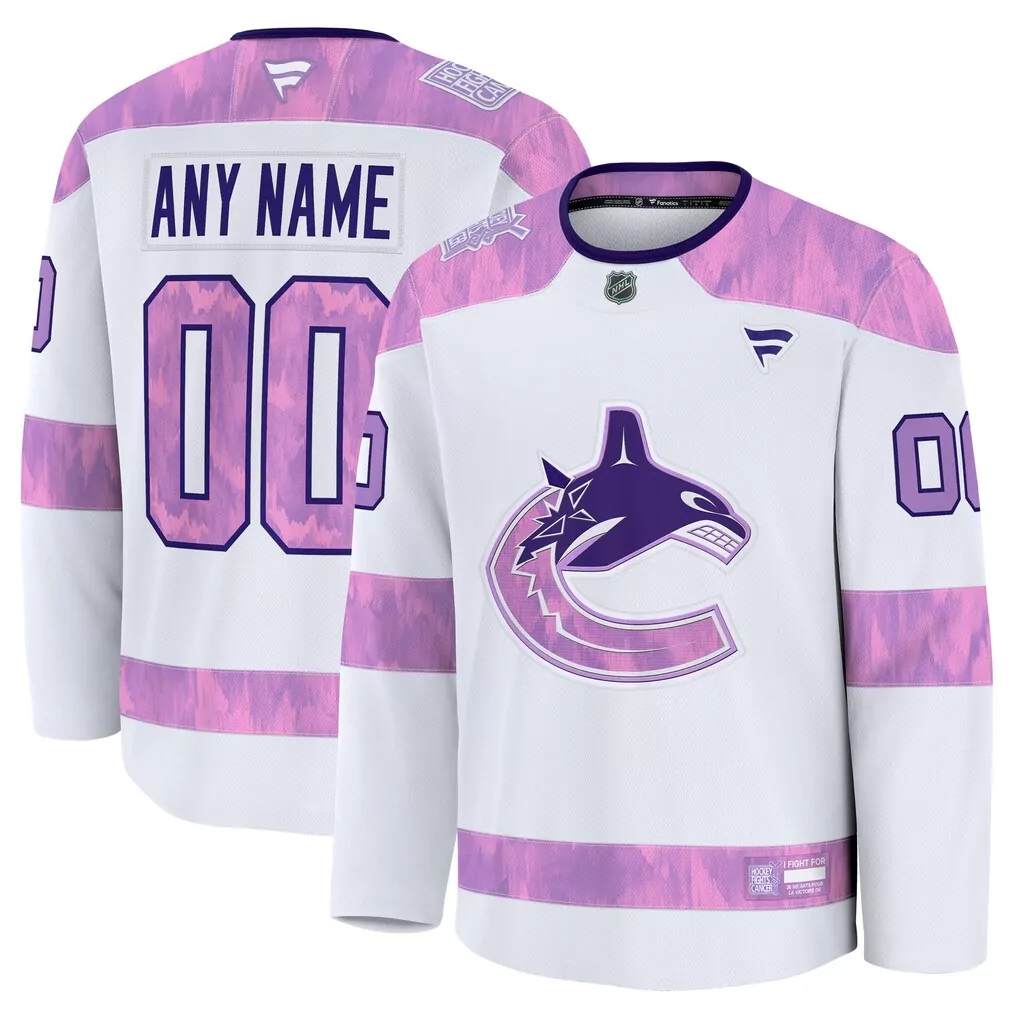 Vancouver Canucks Jersey White Hockey Fights Cancer Men Alternate Split Design Purple