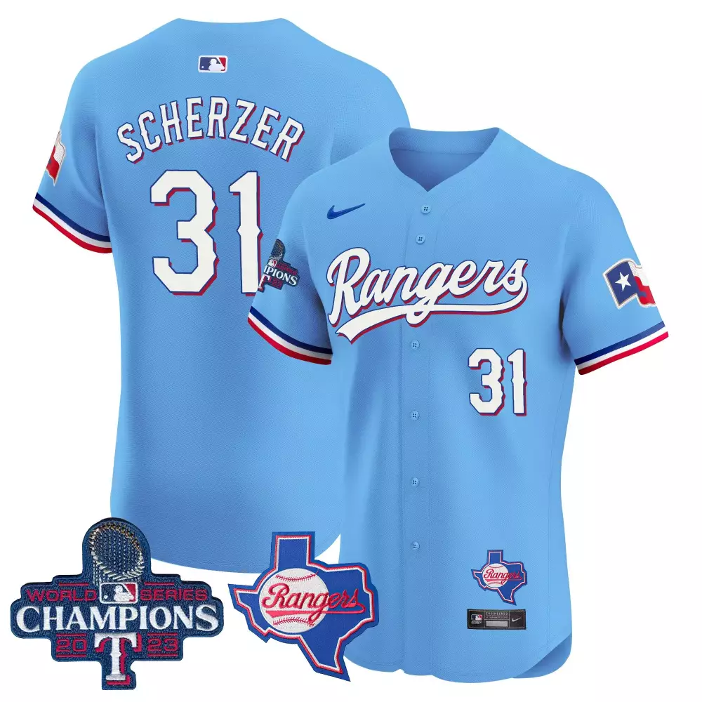 Max Scherzer 31 Rangers Jersey Light Blue World Series Champions 2023 Texas Men White