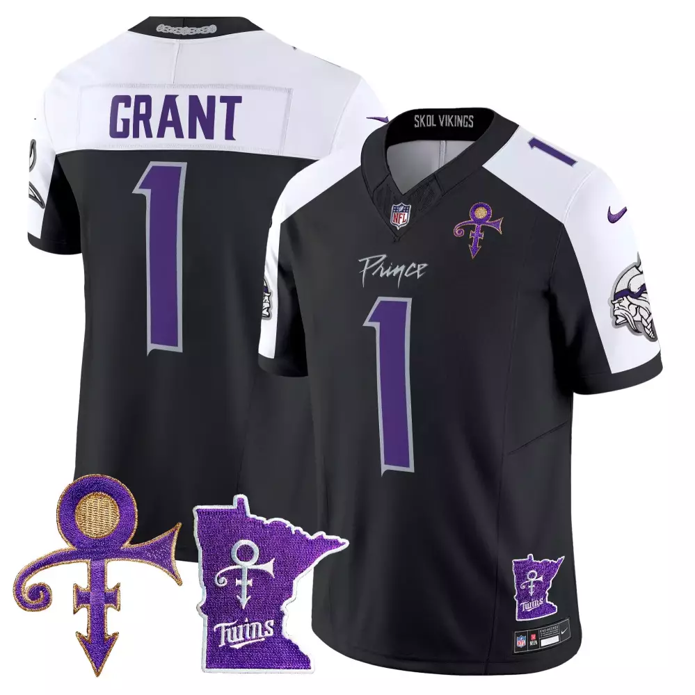 Bud Grant 1 Minnesota Vikings Jersey Black Prince Twins Outline Men White Purple