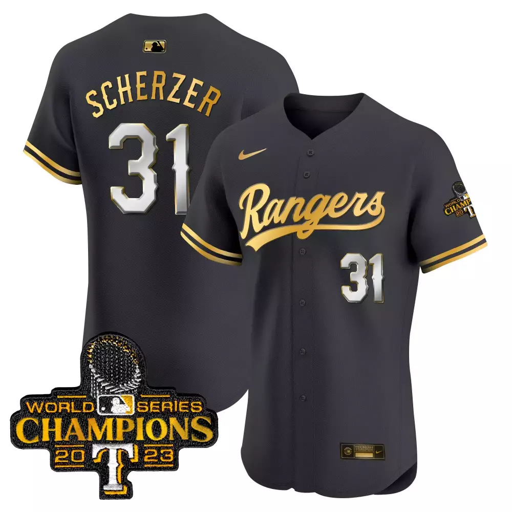 Max Scherzer 31 Rangers Jersey Black World Series Champions 2023 Men Gold White All