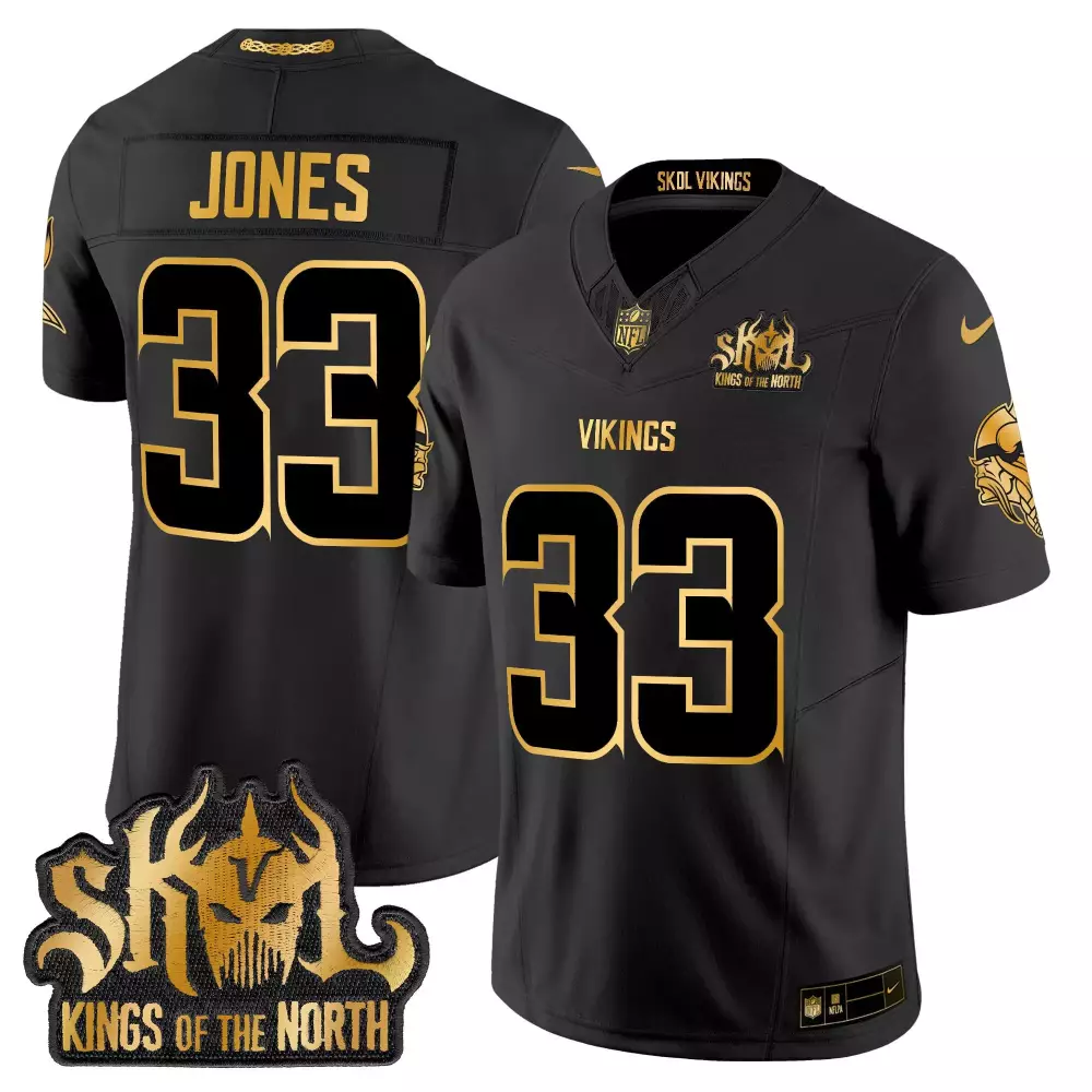 Aaron Jones 33 Vikings Jersey Black Skol Kings Of The North Men Gold Vapor Limited