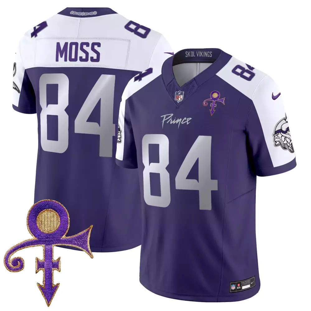 Randy Moss 84 Minnesota Vikings Jersey Purple Prince Tribute Symbol Men White Silver