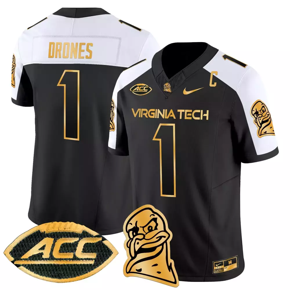 Drones Hokies 1 Virginia Tech Jersey Black Men White Gold Vapor Limited