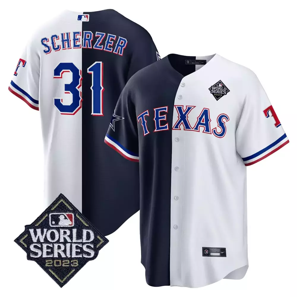 Max Scherzer 31 Texas Jersey White World Series 2023 Men Split Design Navy Blue Red