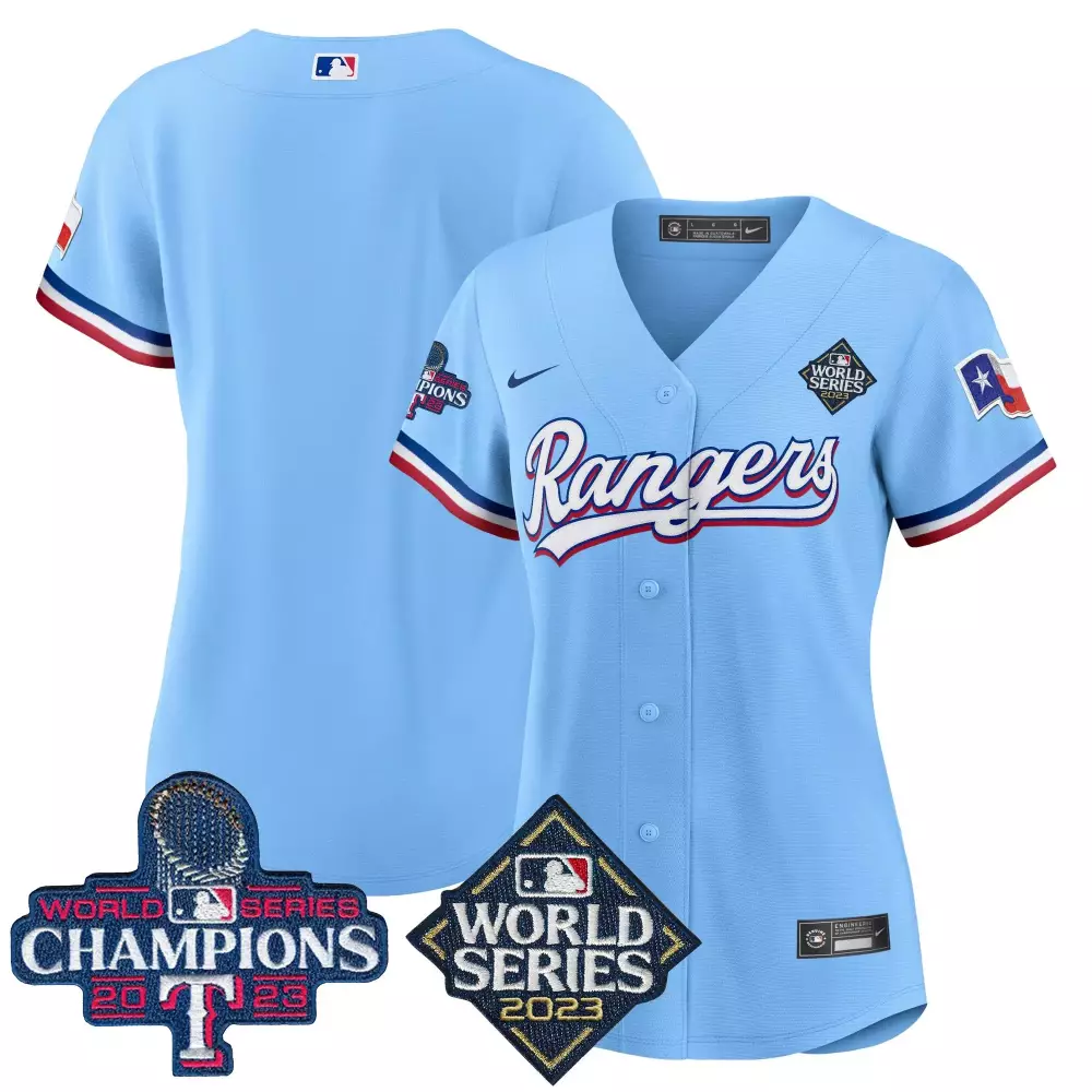 Baseball Rangers Jersey Light Blue World Series 2023 Champions Women White Red v4