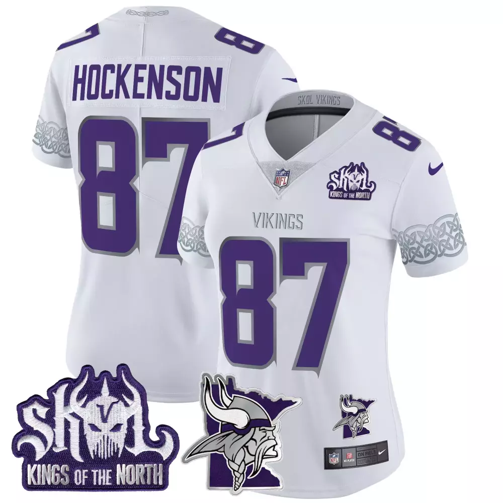 T.j. Hockenson 87 Vikings Jersey White Skol Kings Of The North Norse Graphic Women