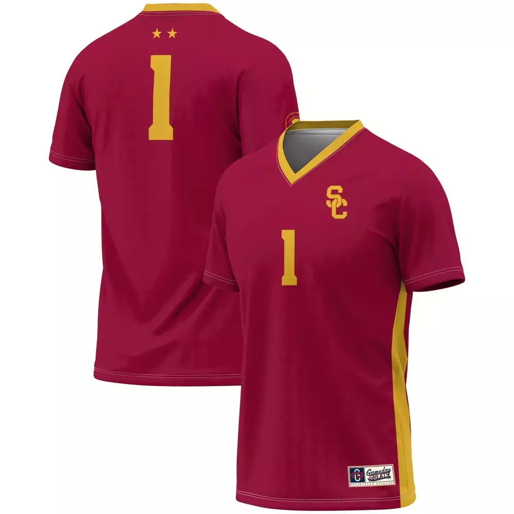 Custom Usc Trojans 1 Jersey Cardinal V-neck T-shirt Gold All Stitched Vapor