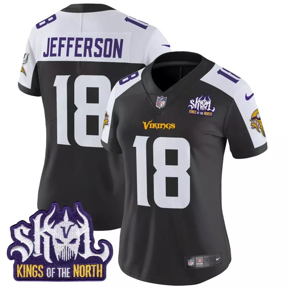Justin Jefferson 18 Vikings Jersey Black Skol Kings North Women Split Design White