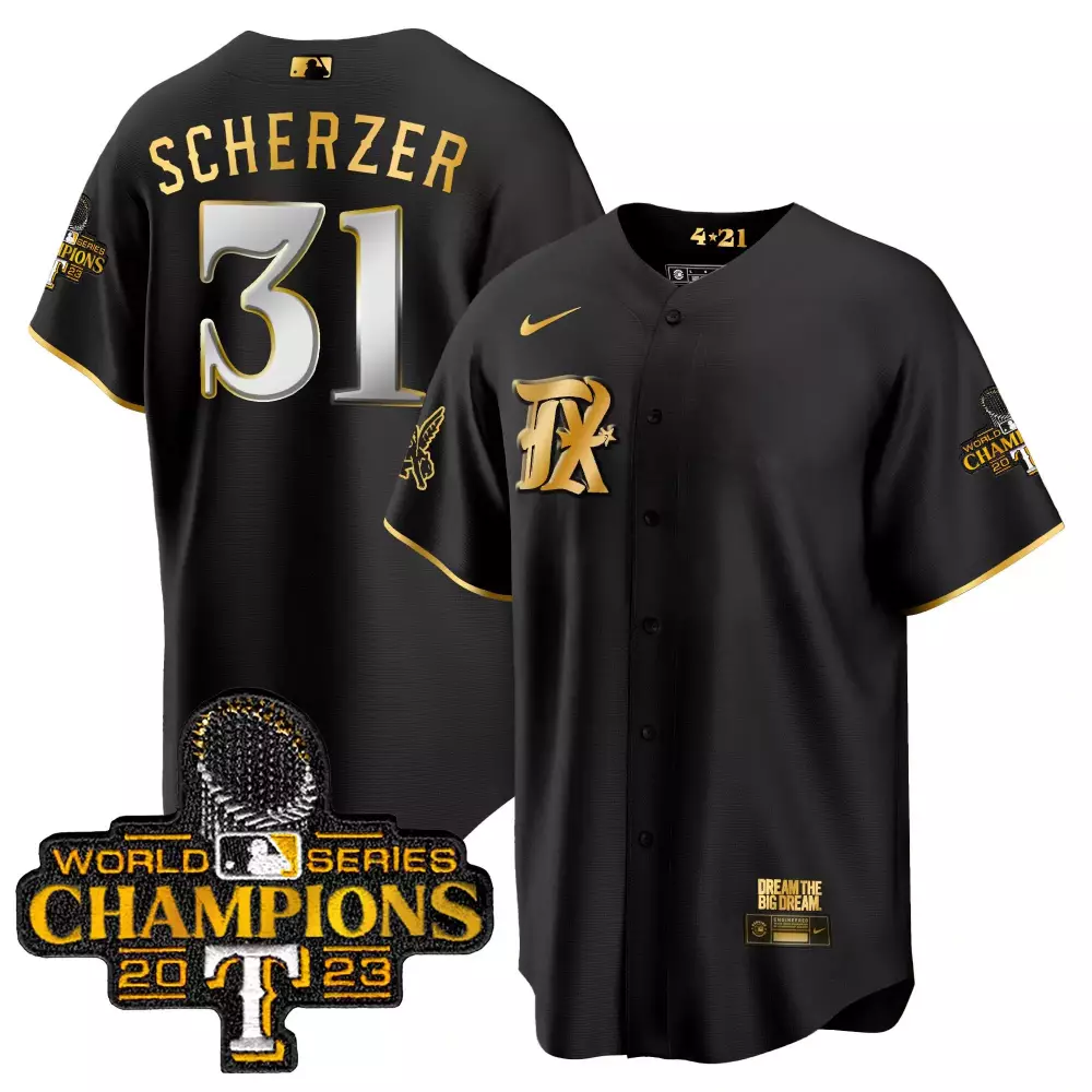 Max Scherzer 31 Texas Rangers Jersey Black World Series Champions 2023 Men Gold Silver