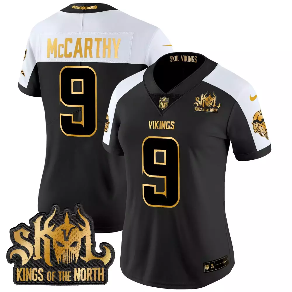 Jj Mccarthy 9 Vikings Jersey Black Skol Kings Of The North Men White Gold Alternate