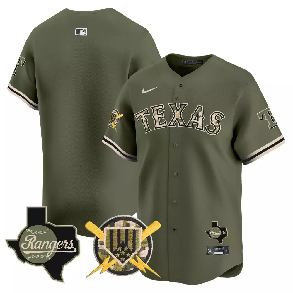 Texas Rangers Jersey Olive Green Military Appreciation Men White Black Gold Vapor