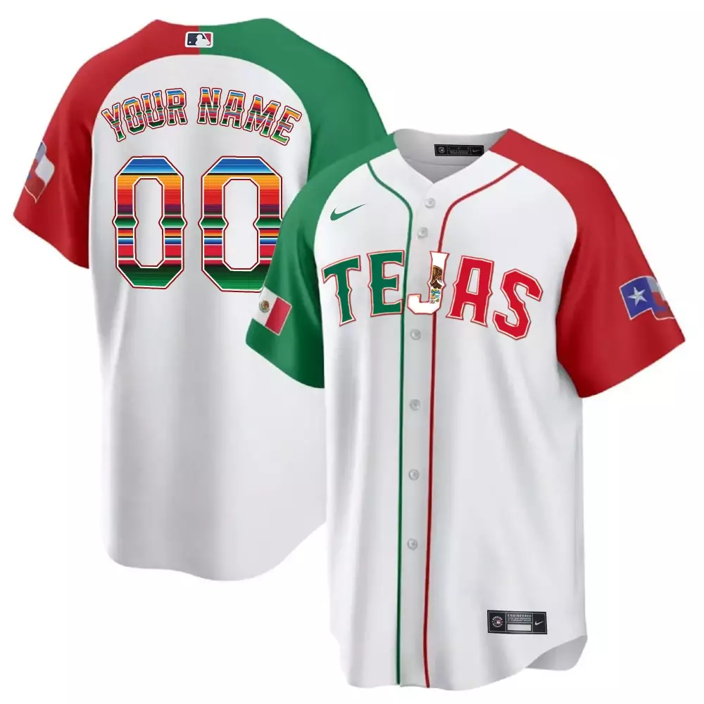 Custom Tejas Jersey White Cinco De Mayo Mexican Flag Texas Men Split Design Red Green