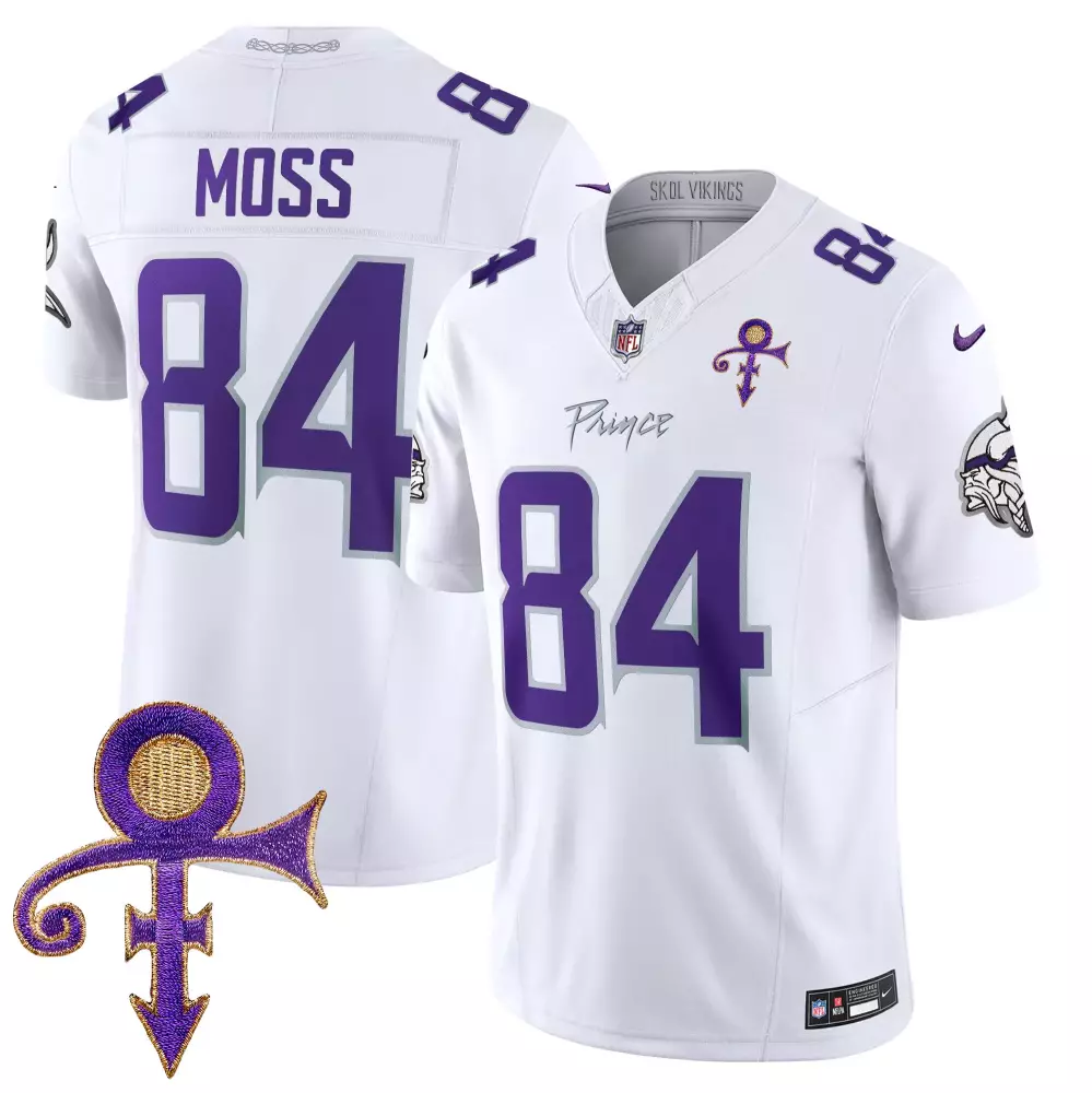 Randy Moss 84 Minnesota Vikings Jersey White Prince Tribute Symbol Men Purple Limited