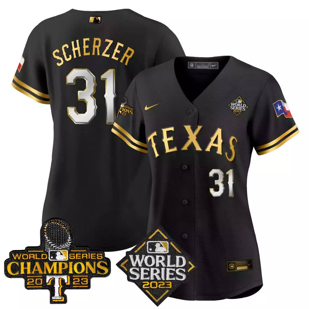 Max Scherzer 31 Texas Rangers Jersey Black 2023 World Series Champions Men Gold All