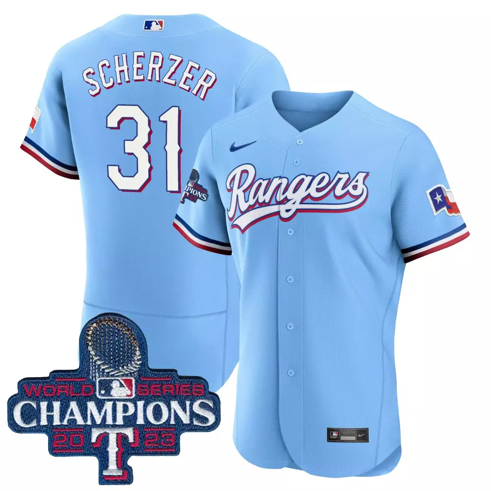 Max Scherzer 31 Rangers Jersey Light Blue World Series Champions 2023 Men White Red