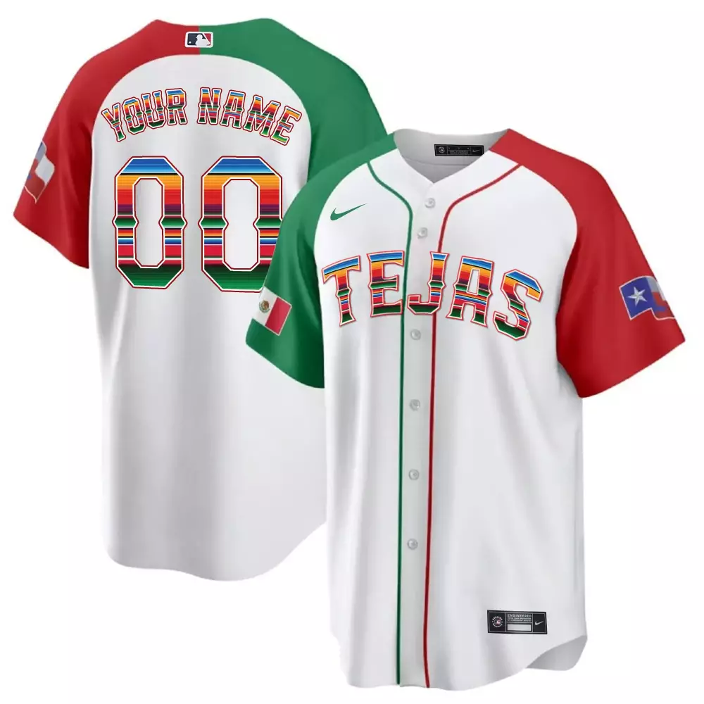 Custom Tejas Jersey White Mexican Flag Texas Split Design Red Green Alternate Heritage