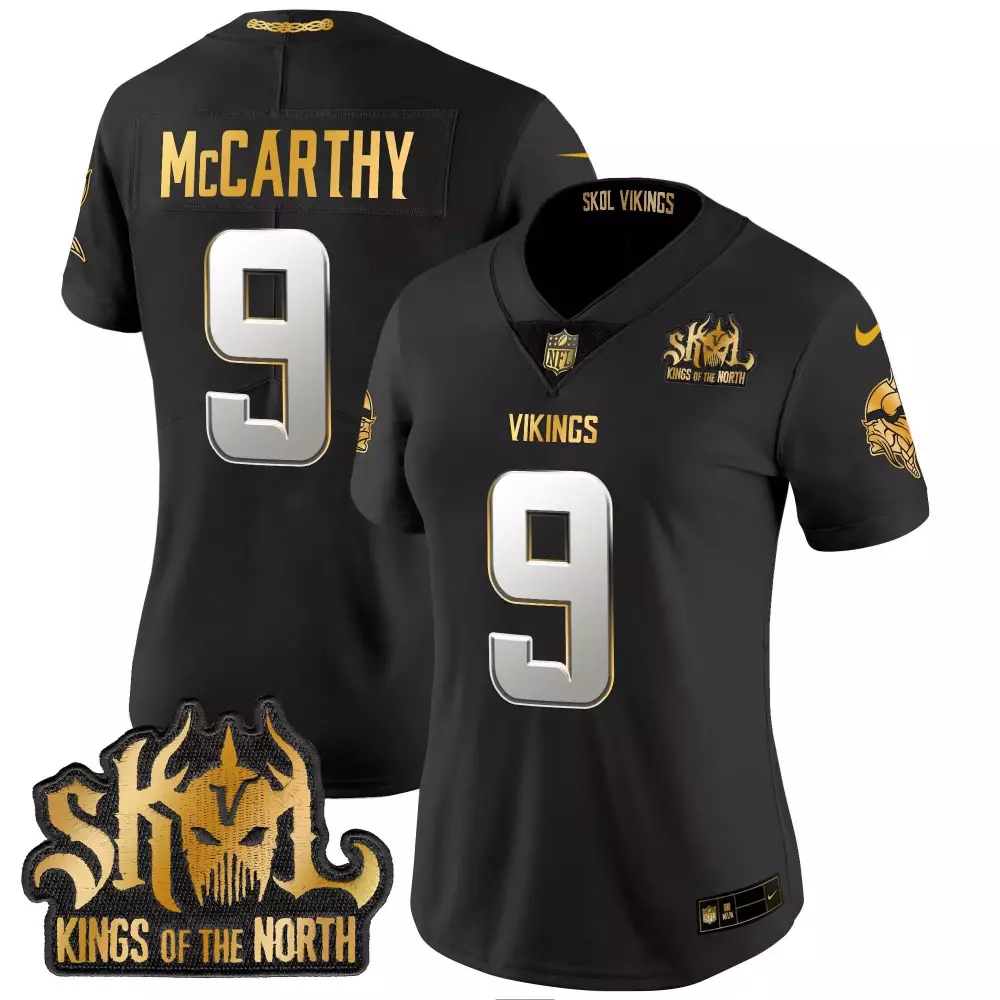 Jj Mccarthy 9 Vikings Jersey Black Skol Kings Of The North Women NFL Gold Silver