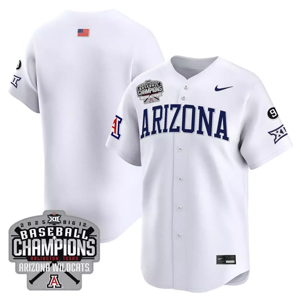 Wildcats 9 Arizona Jersey White 2025 Big 12 Baseball Champions USA Flag Men Navy Blue