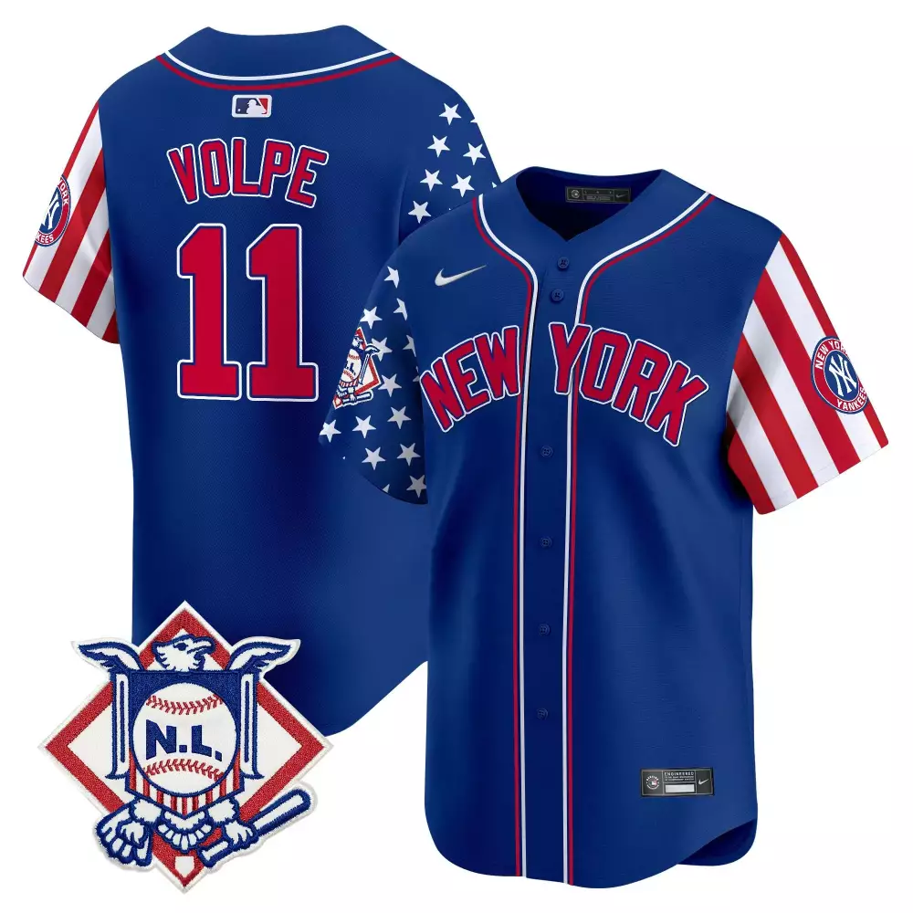 Anthony Volpe 11 New York Yankees Jersey Royal Blue Independence Day 2023 Men Split