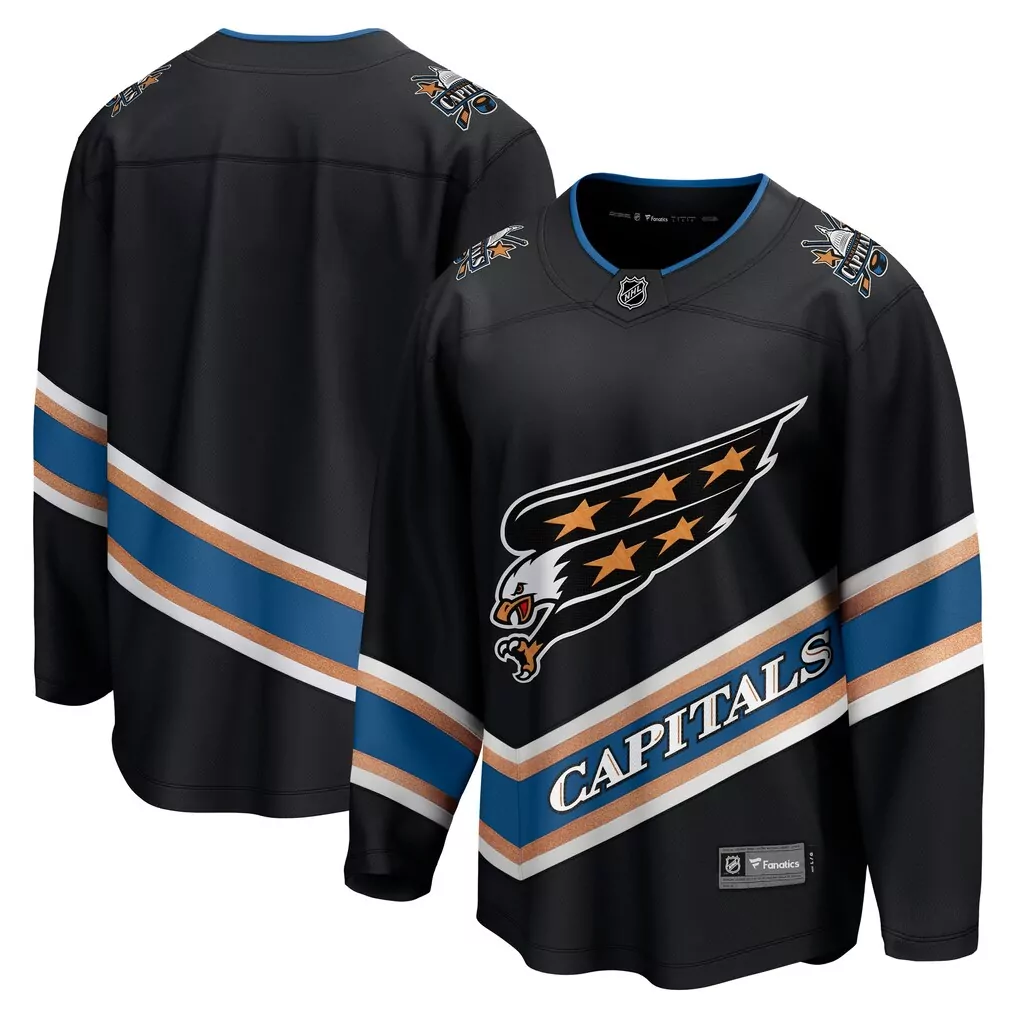Washington Capitals Jersey Black Men Ice Split Design White Blue Orange Alternate