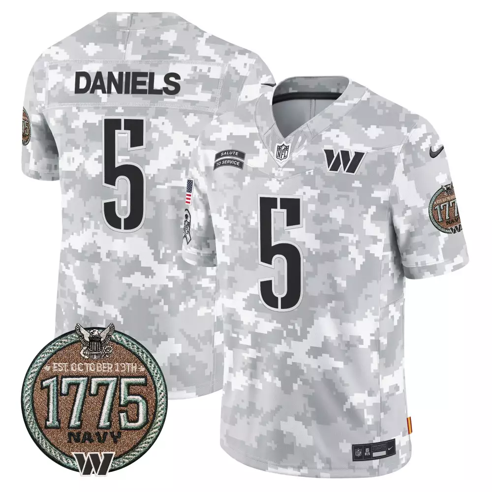 Jayden Daniels 5 Jersey White Salute To Service Washington Commanders 1775 Navy Men