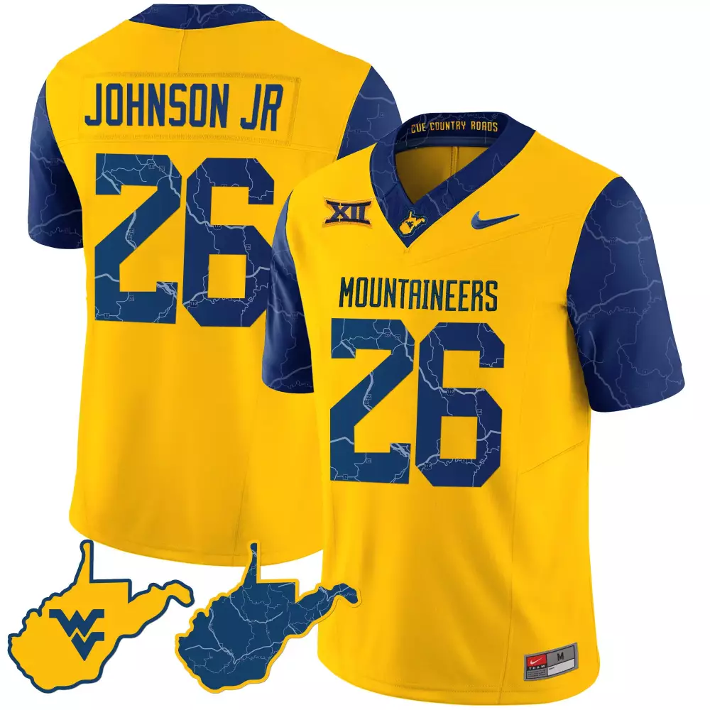 Johnson Jr. 26 Jersey Yellow West Virginia Mountaineers Big Men Blue All Stitched