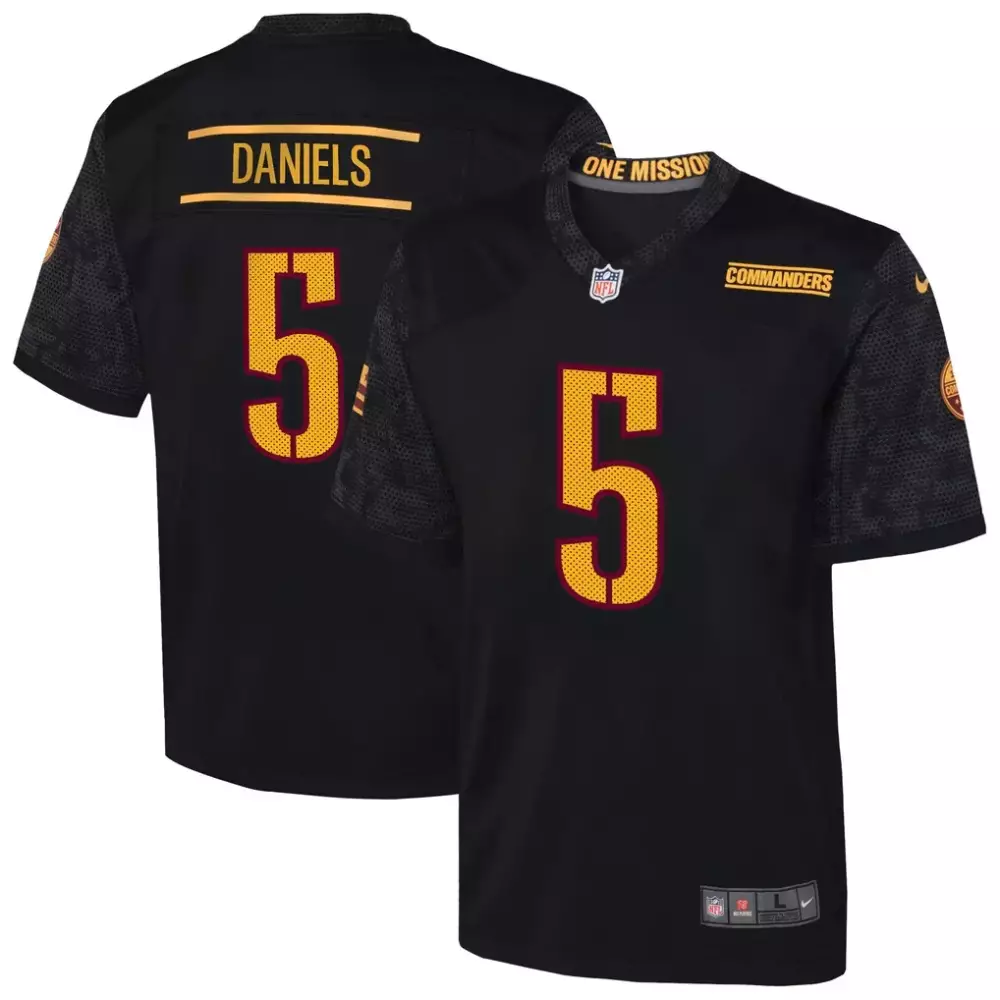 Jayden Daniels 5 Commanders Jersey Black One Mission Men Gold Maroon Alternate Game