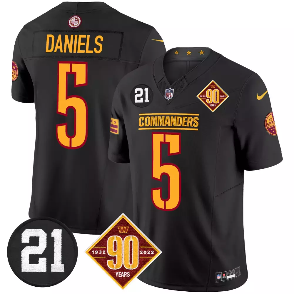 Jayden Daniels 5 Commanders Jersey Black 90 Years 1932-2022 Washington 19-2022 Men