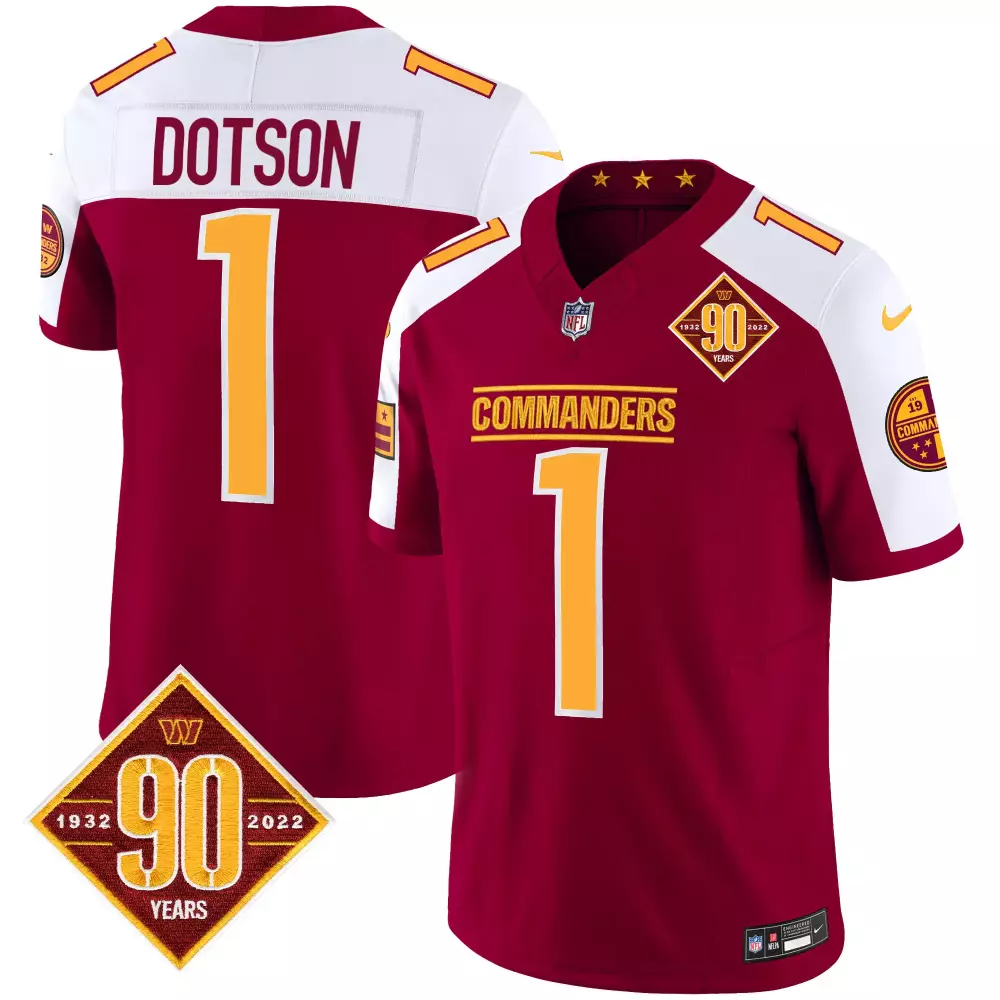 Dotson 1 Commanders Jersey Maroon 90 Years 1932-2022 Men NFL White Gold All Stitched
