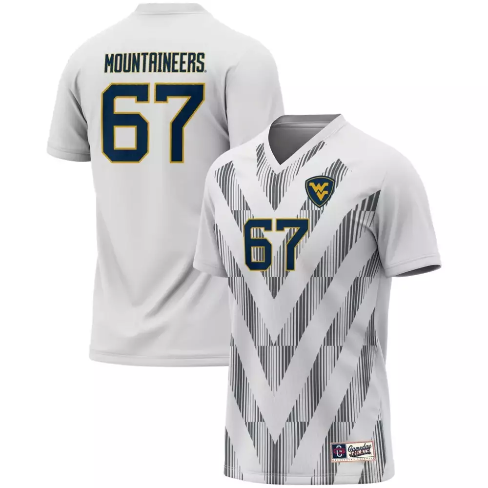 Custom West Virginia Mountaineers 67 Jersey White Men Design Navy Gold Gameday Unisex