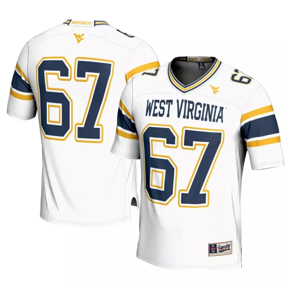 West Virginia 67 Jersey White Mountaineers Gameday Greats Men Navy Blue Gold