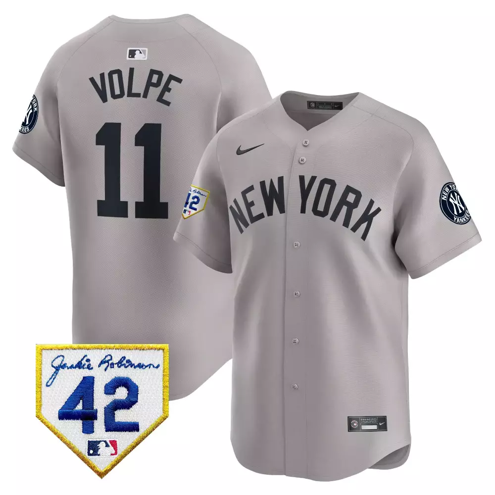Anthony Volpe 11 New York Yankees Jersey Gray Jackie Robinson Day 42 Men Navy Blue