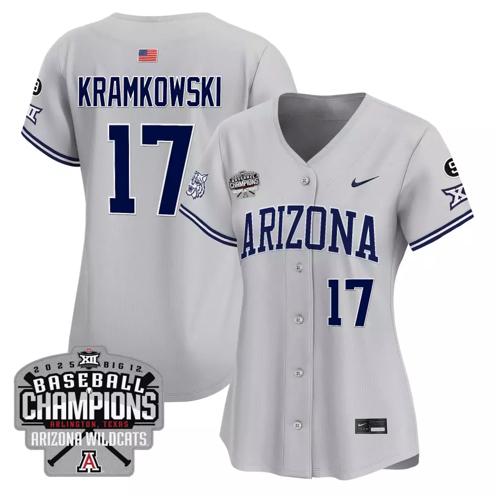 Kramkowski Wildcats 17 Jersey Gray Big 12 Champions Arizona Baseball 2025 USA Flag