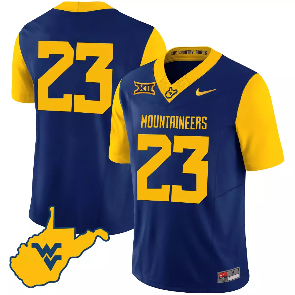 Custom West Virginia Mountaineers 23 Jersey Blue Country Roads Big Men Yellow All