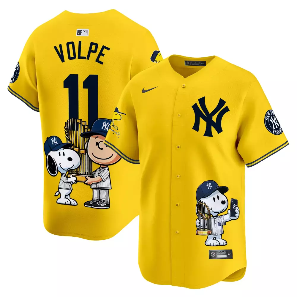 Anthony Volpe 11 New York Yankees Jersey Yellow Peanuts Collaboration Men Navy Blue