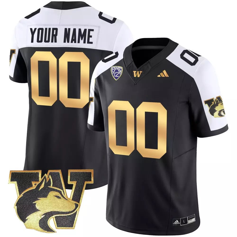 Custom Washington Huskies Jersey Black Men White Gold Alternate Vapor Limited v2