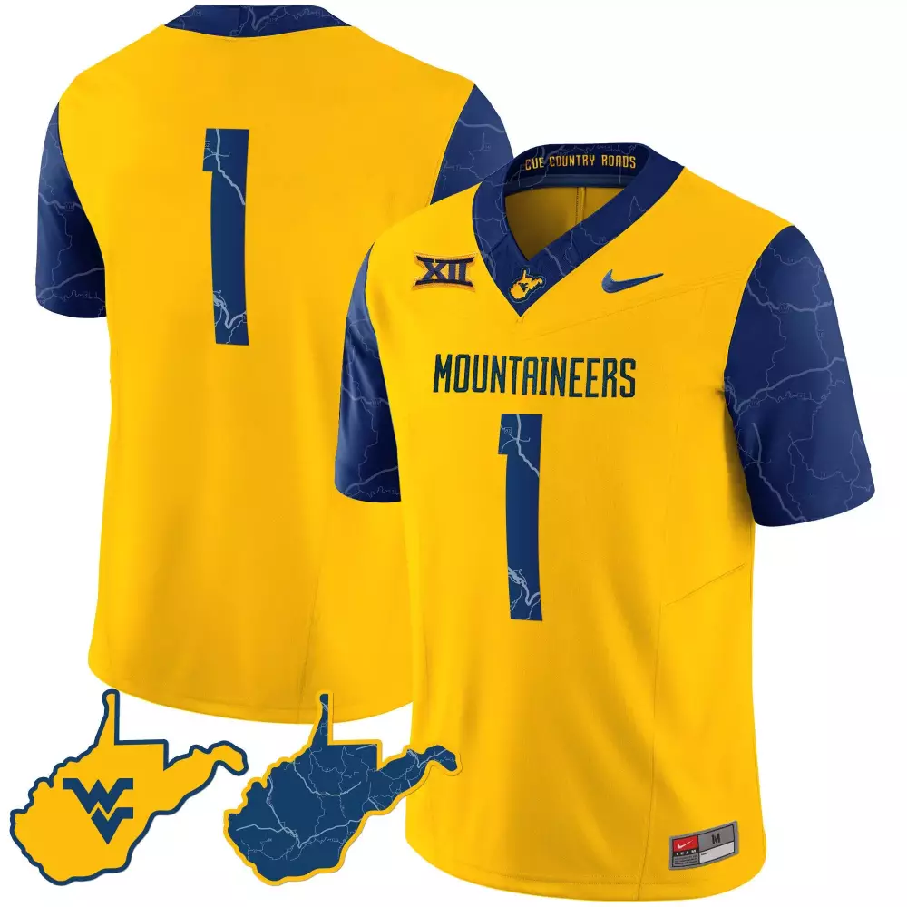 Custom West Virginia Mountaineers 1 Jersey Yellow Country Roads Big Men Navy Blue